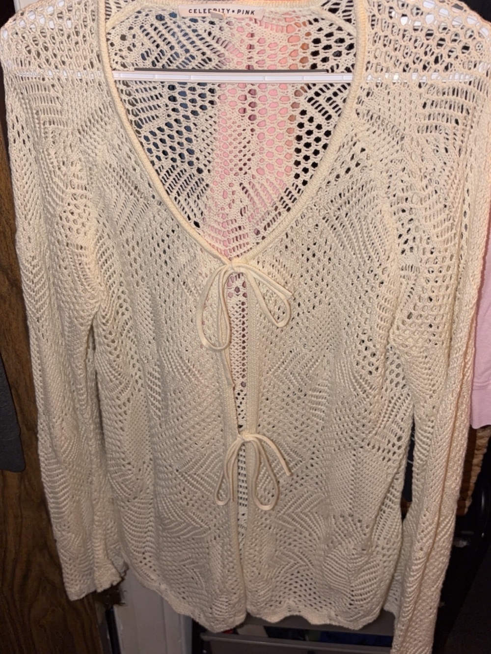 Celebrity Pink Cream Crochet Tie-Front Cardigan